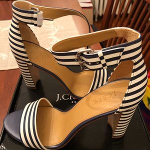 J. Crew Factory blue and white striped chunky heel sandal, size 9